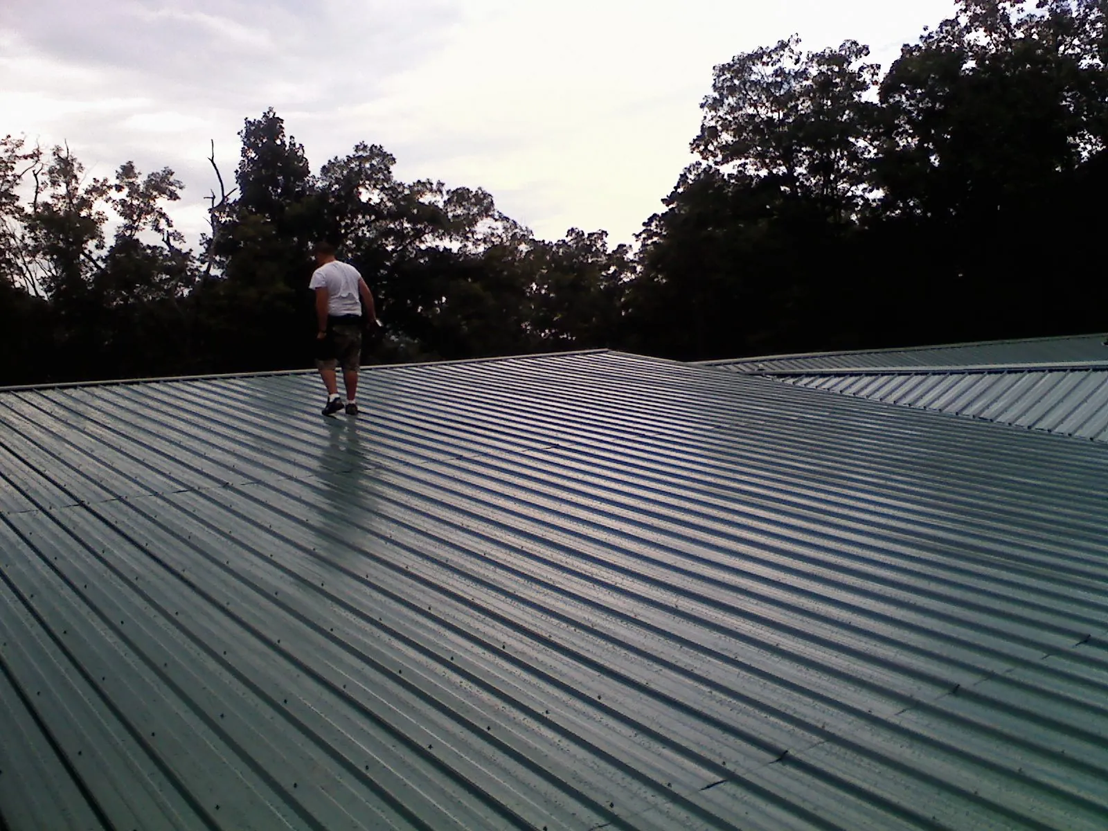 Roofer walking a wide expanse of new green metal roofing in Elrod