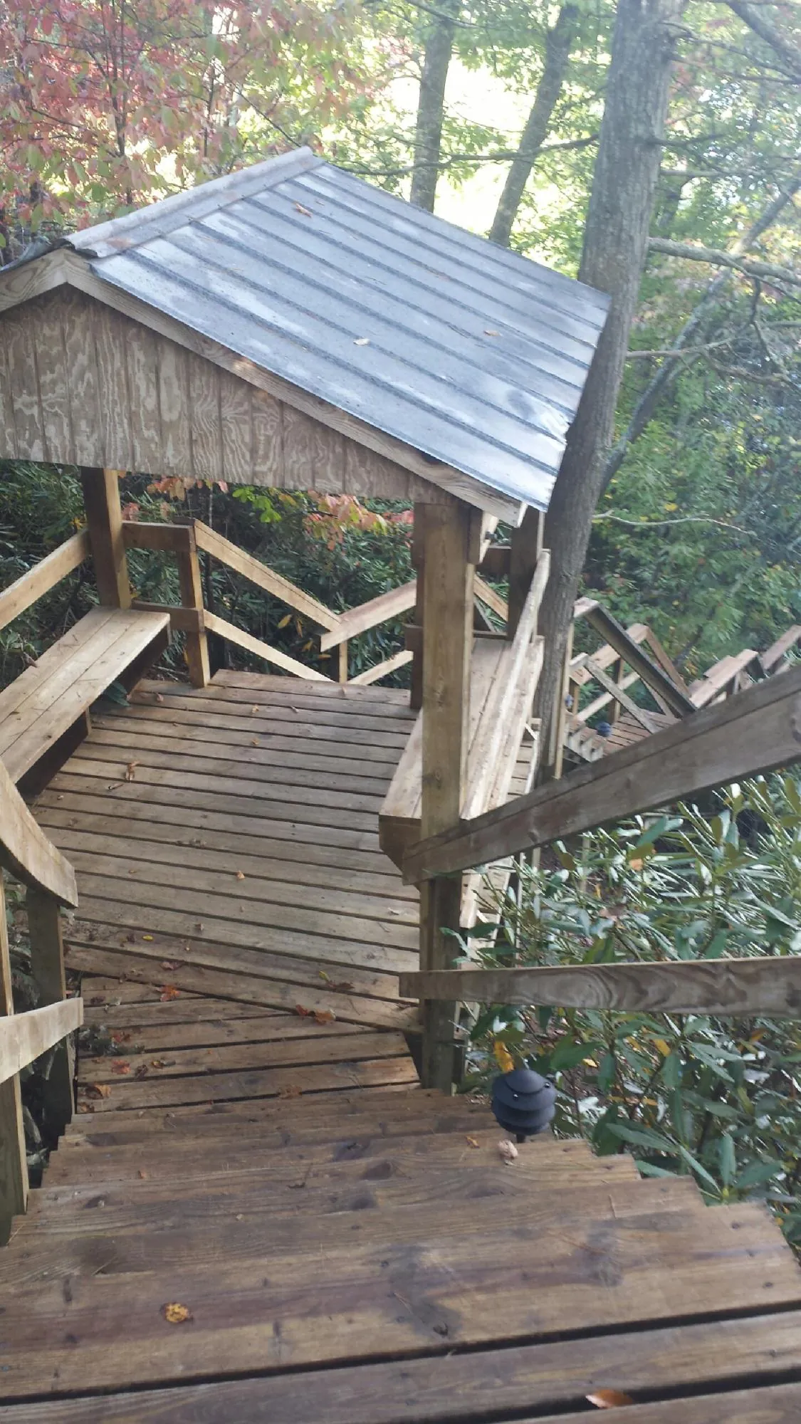Metal roofed shelter over wooden steps on a wooded walkway — Skylight Repair & Installation work by our crew in Elrod
